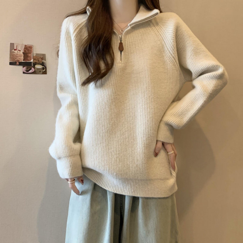 半拉链高领加厚毛衣外套女秋冬季大码微胖mm中长款打底针织衫上衣
