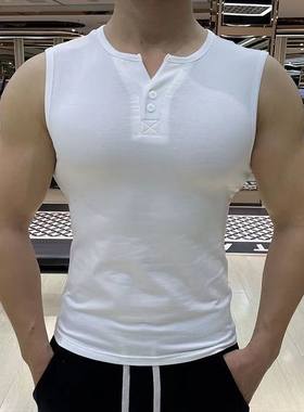 夏季男士健身背心亨利领扣子坎袖速干高弹透气纯色跑步训练无袖衫