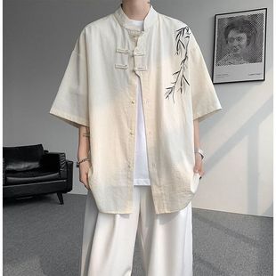 男士 衬衫 夏季 新款 宽松外套 新中式 中国风竹叶刺绣衬衣大码 立领短袖