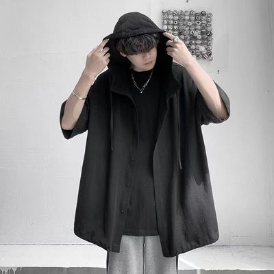 特大码慵懒风日系复古衬衫男女短袖连帽夏季薄款300斤痞帅ins衬衣