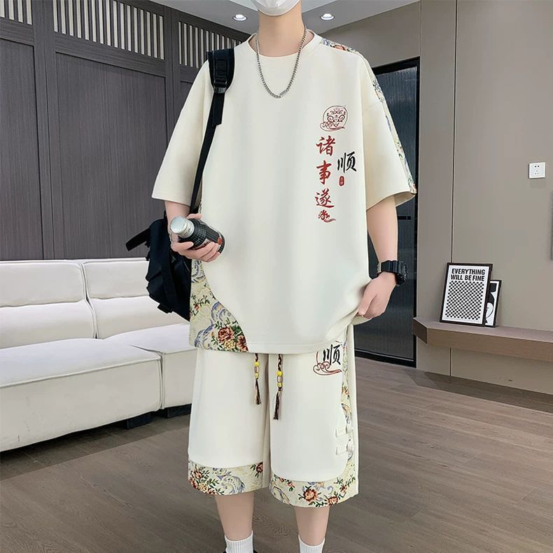 国潮风t恤男夏季潮牌套装新中式休闲运动撞色短袖短裤两件套学生