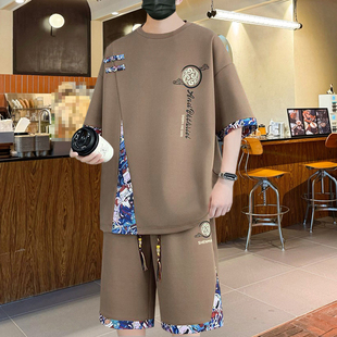 新中式国风短袖t恤男夏季七分袖休闲运动套装男生穿搭配短裤一套