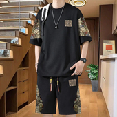 套装 两件套国风夏季 男宽松薄款 新中式 短袖 短裤 大码 t恤休闲运动服