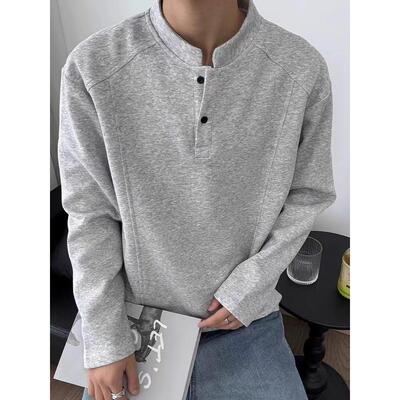美式亨利领长袖t恤男款秋季短宽boxy立领卫衣cleanfit打底衫潮牌