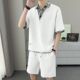 夏短袖 透气一整套装 polo衫 t恤假两件翻领男拼接撞色运动休闲套装