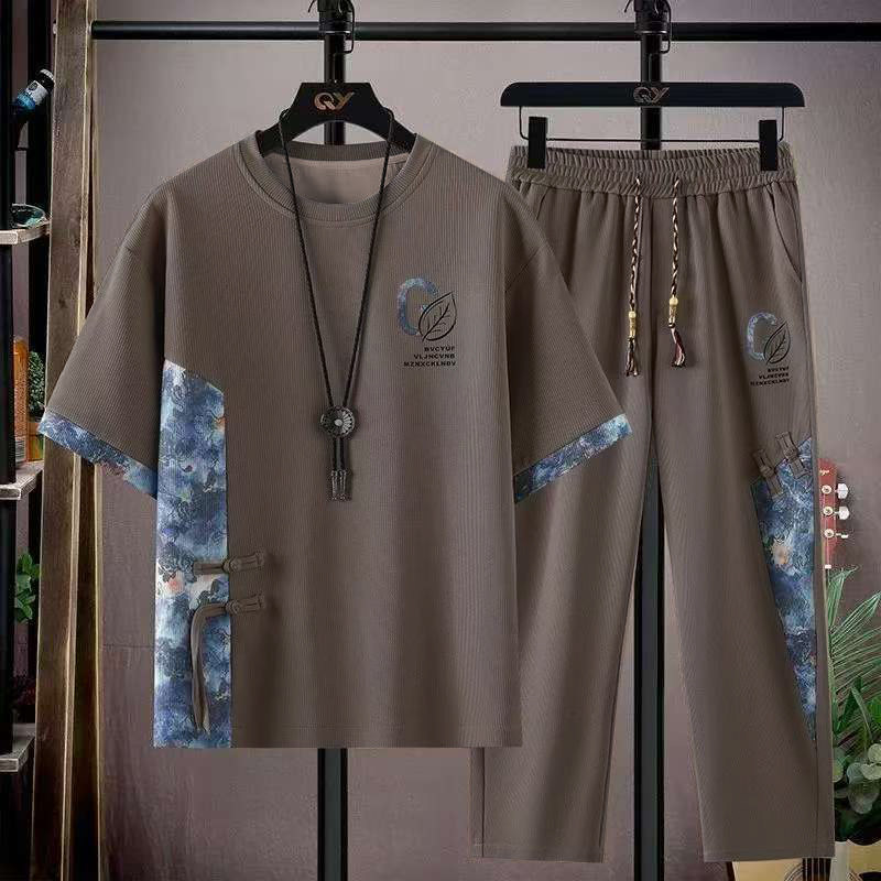 夏季新款休闲运动套装青少年时尚高级感新中式短袖T恤长裤两件套