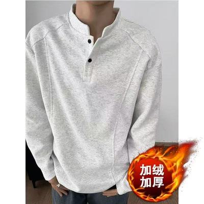 美式亨利领长袖t恤男款秋季短宽boxy立领卫衣cleanfit打底衫潮牌