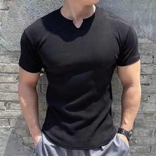 質感純色條紋修身 螺紋亨利衫 V領短袖 男士 彈力跑步健身服T恤打底衫