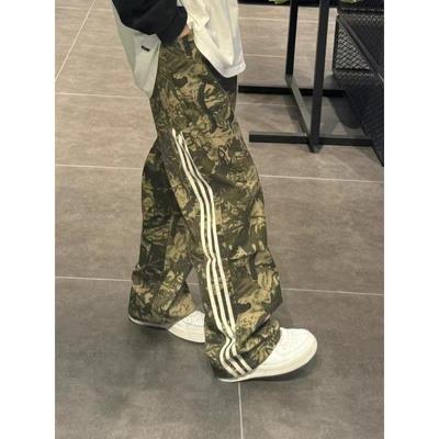 春夏款三杠条美式复古迷彩裤子高街伞兵工装裤男女帅气直筒阔腿裤