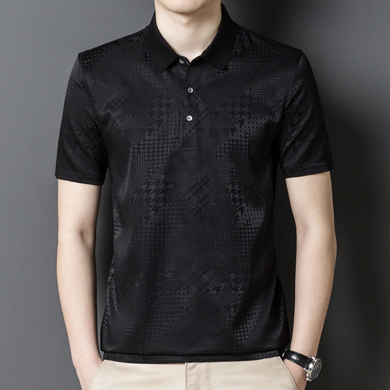 男士桑蚕丝真丝暗格纹短袖t恤2026夏季新款商务半袖POLO衫体恤潮