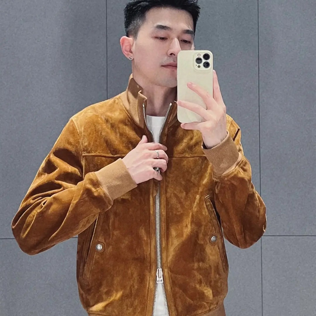 山羊皮反绒立领修身短款皮衣男