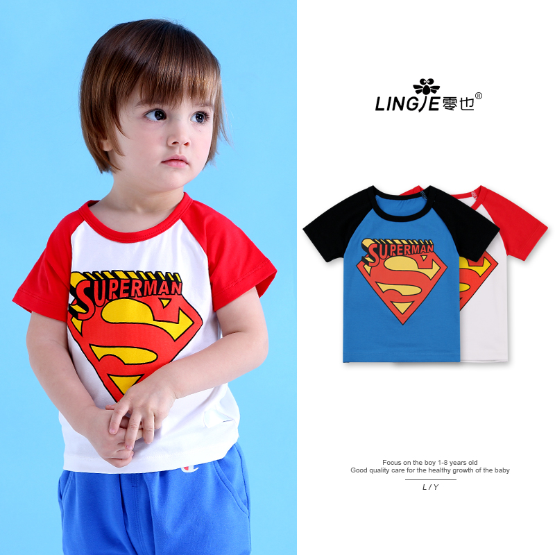 零也童装时尚夏季新品宝宝T恤欧美纯棉插肩袖卡通超人印花儿童短T