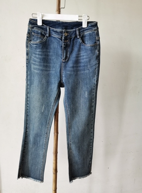 20375 25春新款高腰时尚九分牛仔裤女显瘦开叉毛边9分烟管裤女