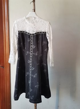 1GC6021秋款拼接女气质长袖蕾丝中款连衣裙女