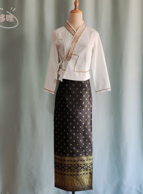 春秋新款西双版纳傣族服装女长袖上衣系带长裙传统傣族裙套装民族