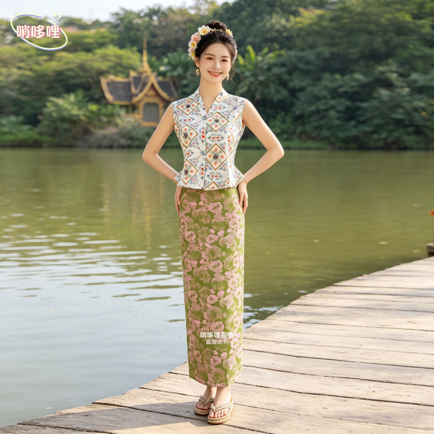 新中式傣族女春夏印花棉布套装