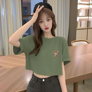 爆款 短袖 夏季 纯棉短款 上衣时尚 休闲宽松圆领ins设计感洋气T恤女装