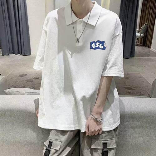 纯棉休闲短袖t恤男生夏季新款ins港风oversize宽松情侣POLO领上衣