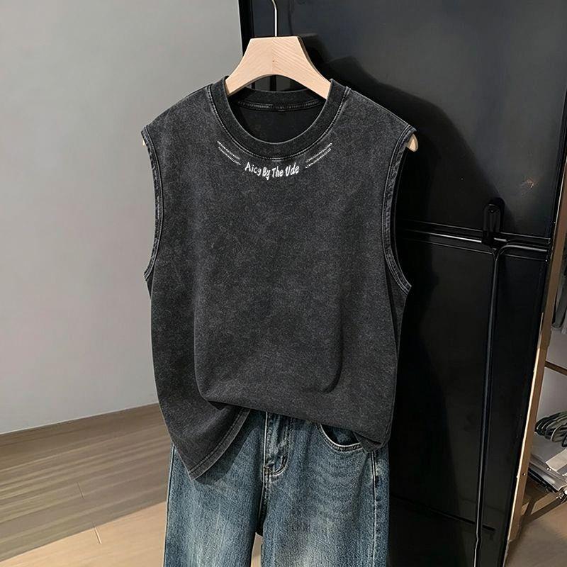 复古韩版ins潮牌纯棉宽松背心坎肩水洗做旧上衣圆领无袖T恤衫男装