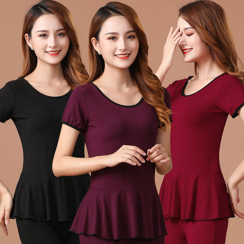 广场舞服装女上衣短袖t恤修身舞蹈服练功服中老年演出服跳舞服装