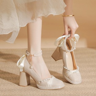 新娘鞋 女高级感不累脚禾秀婚纱两穿订婚鞋 粗跟 玛丽珍高跟鞋 法式