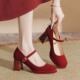 女粗跟2025新款 方头法式 秀禾婚鞋 红色高跟鞋 一字扣厚底玛丽珍单鞋