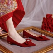 红色敬酒服订婚新娘鞋 平底结婚鞋 秀禾婚纱两穿新款 孕妇可穿不累脚