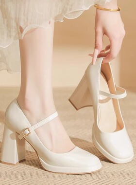 防水台高跟鞋女粗跟2025新款方头气质米白色一字扣玛丽珍厚底单鞋