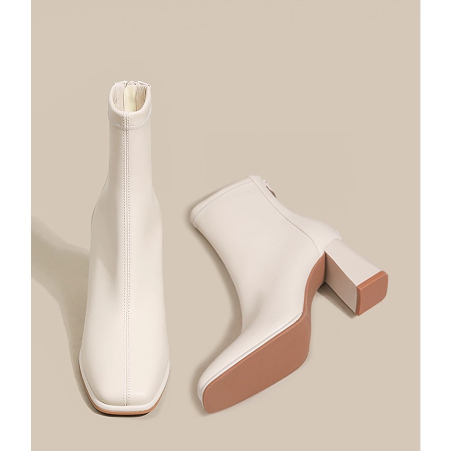 方头粗跟短靴女法式白色高跟鞋秋冬加绒马丁弹力瘦瘦靴裸靴