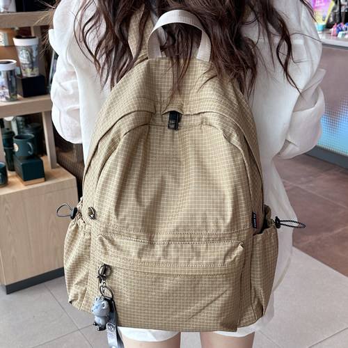 轻便防水尼龙格纹电脑双肩包女
