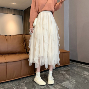 半身裙女春秋季中长款不规则沙裙黑色垂坠感荷叶边大摆网纱裙秋冬