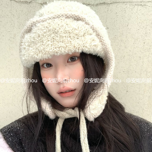 安妮向前/韩系毛绒保暖护耳雷锋帽女秋冬户外防寒大头围针织帽子