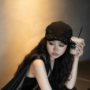 薄款 复古铆钉前进帽女夏季 休闲百搭大头围显脸小遮阳防晒贝雷帽子