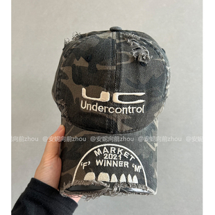 破坏系/美式街头风破洞棒球帽子女重工UC字母刺绣潮牌方檐鸭舌帽