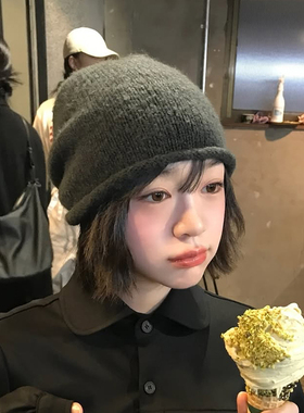 自留款！显脸小羊驼毛灰色冷帽女秋冬网红针织毛线帽大头围堆堆帽