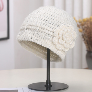 日系小众手钩花朵亮片包头帽女秋冬保暖毛线帽氛围感显脸小套头帽