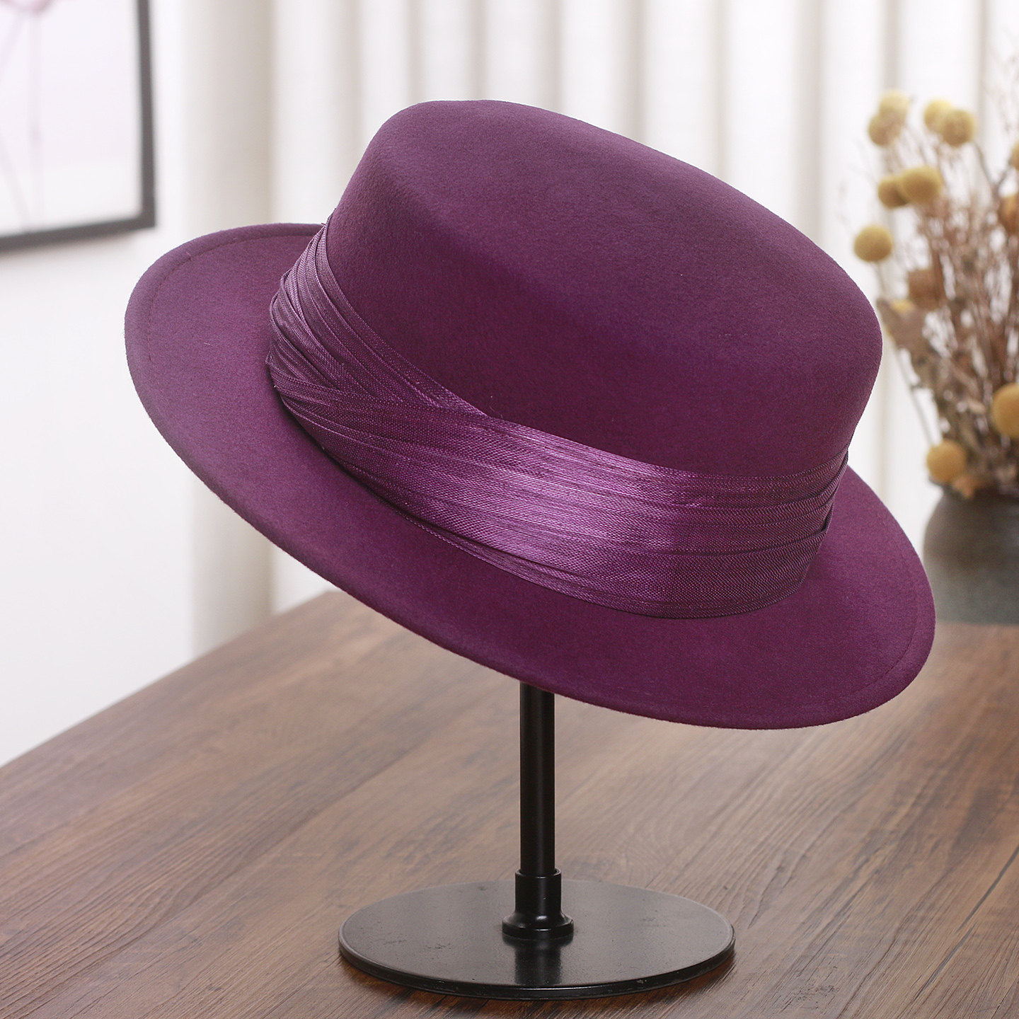 法式羊毛呢平檐礼帽女士秋冬高档真丝麻平顶帽子英伦复古爵士帽潮