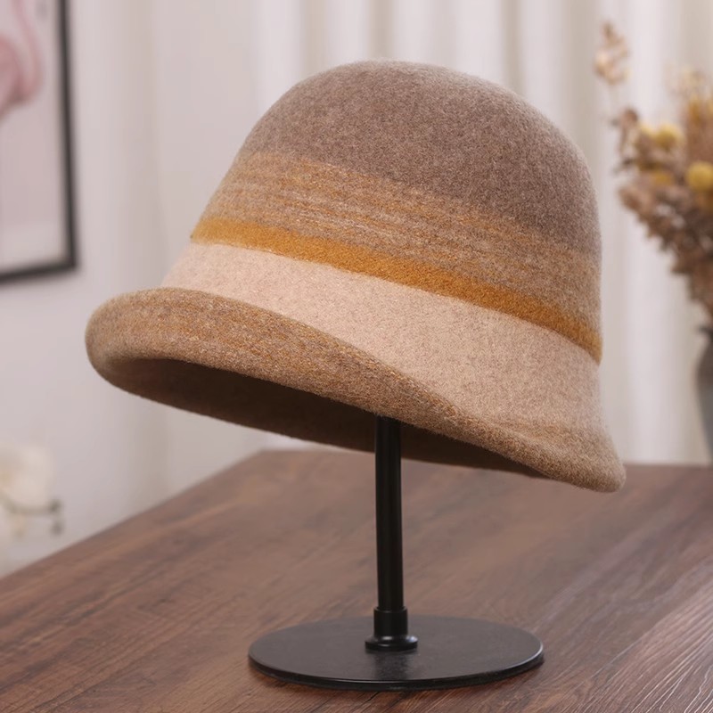 渔夫帽可折叠拼色羊毛呢复古秋冬