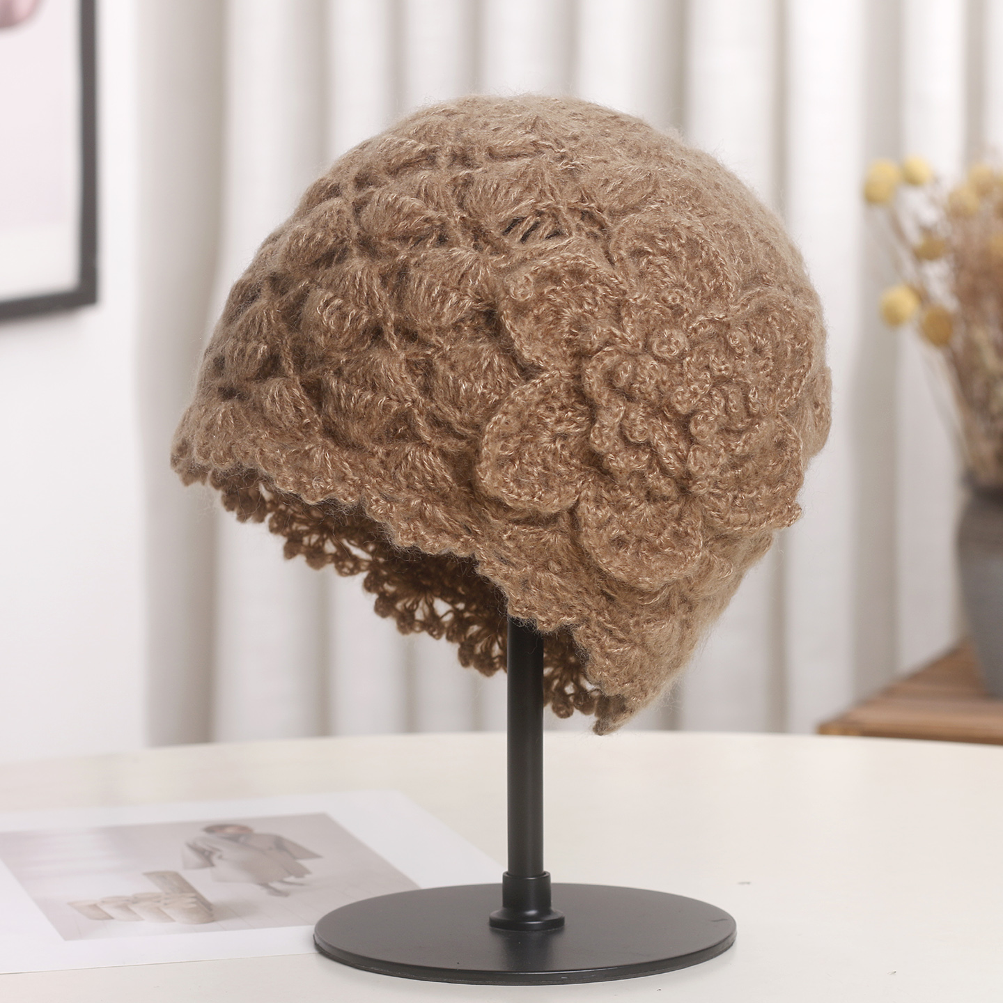 日系手钩立体花朵包头帽女秋冬