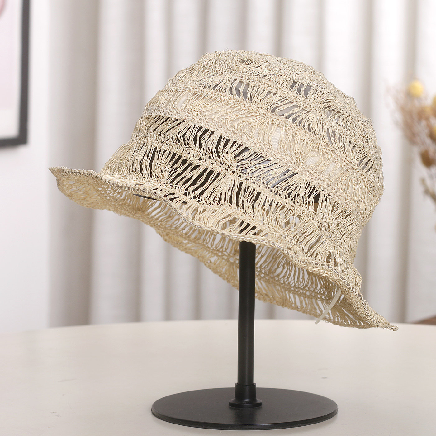 韩国设计款草编镂空盆帽草帽女春夏可折叠手工编织出游凉帽渔夫帽