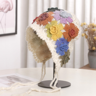 彩色手钩花朵流苏包头帽女秋冬民族风针织护耳帽户外保暖套头帽子