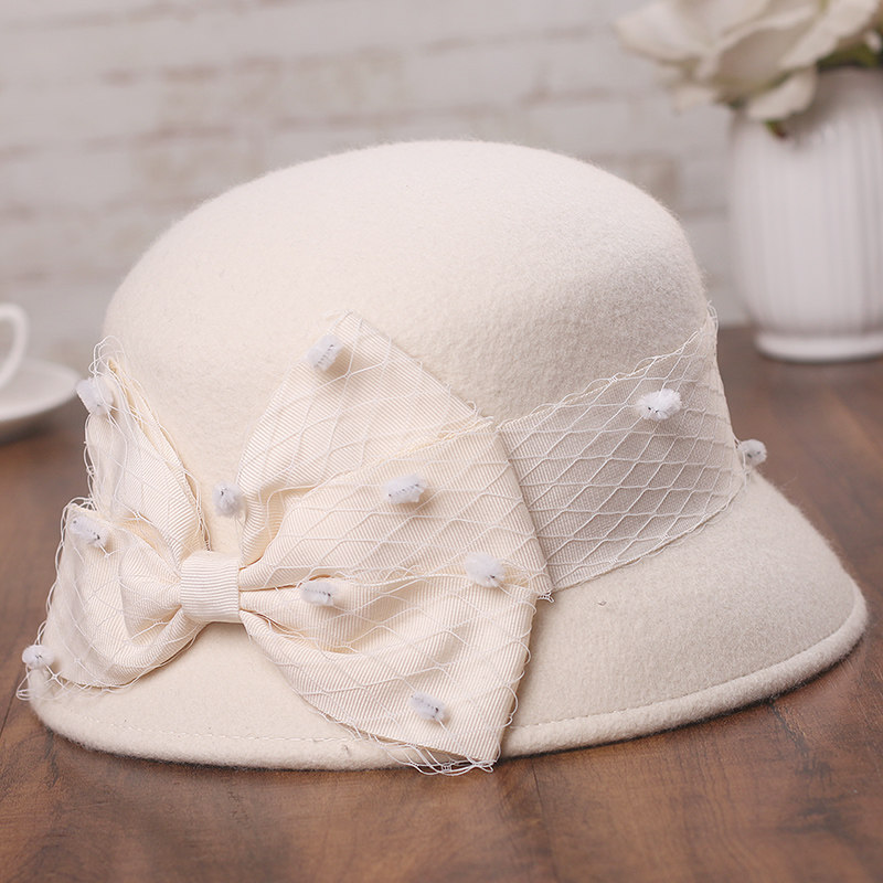 法式复古羊毛帽子女士秋冬保暖渔夫帽优雅网纱蝴蝶结盆帽毛呢毡帽