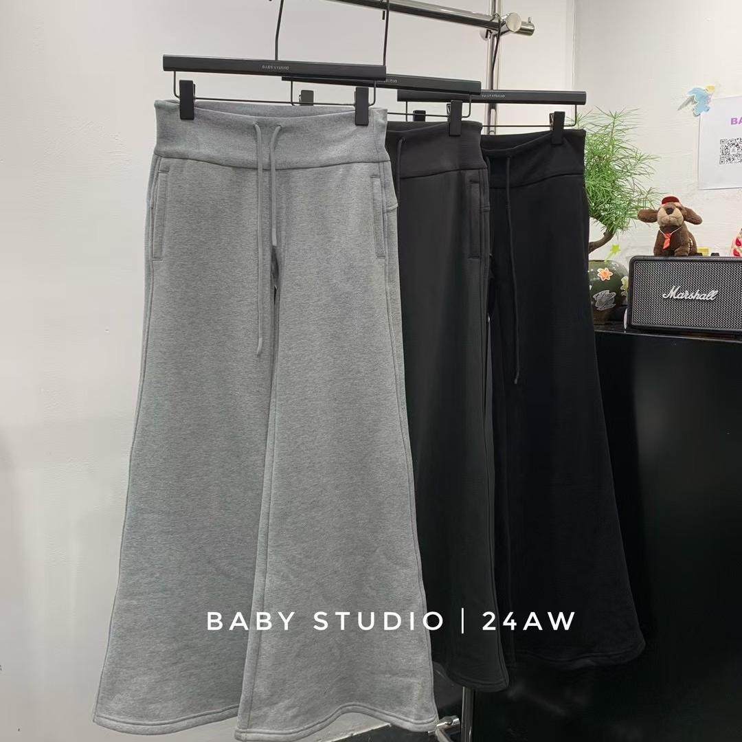 BABY2025冬季新款抽美式辣妹绳松紧腰微喇阔腿裤加绒保暖垂感长裤