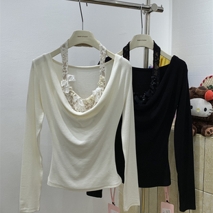 时尚 BABY2025冬季 T恤 设计感褶皱荡领长袖 纯欲辣妹蕾丝吊带 新款