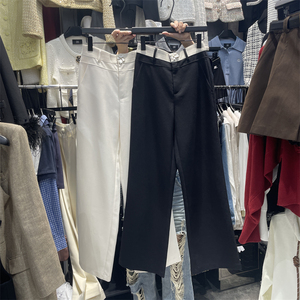 DH2024冬季新款拼接撞色花朵纽扣显瘦直通阔腿裤休闲垂感拖地长裤