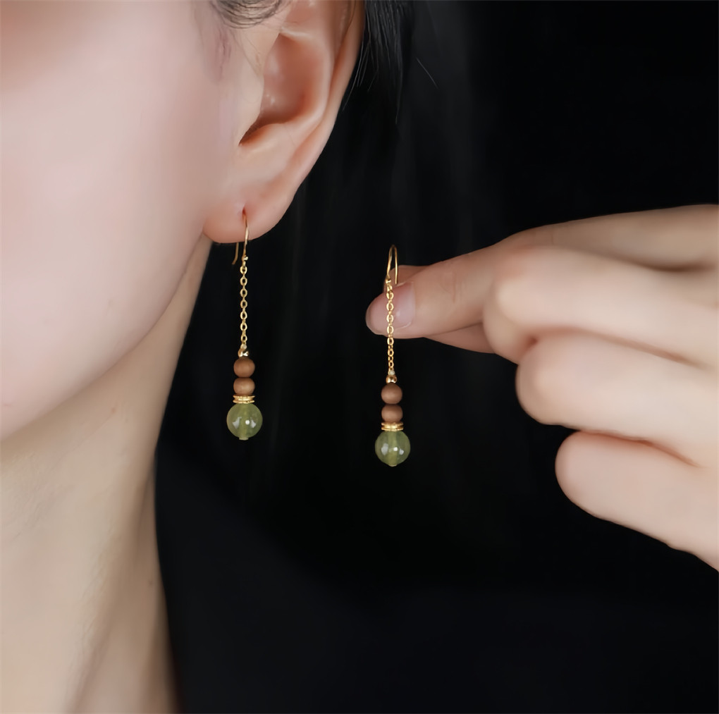 有木归栖莺歌绿棋楠沉香老山檀晴水和田玉耳钉耳环古风文玩原创