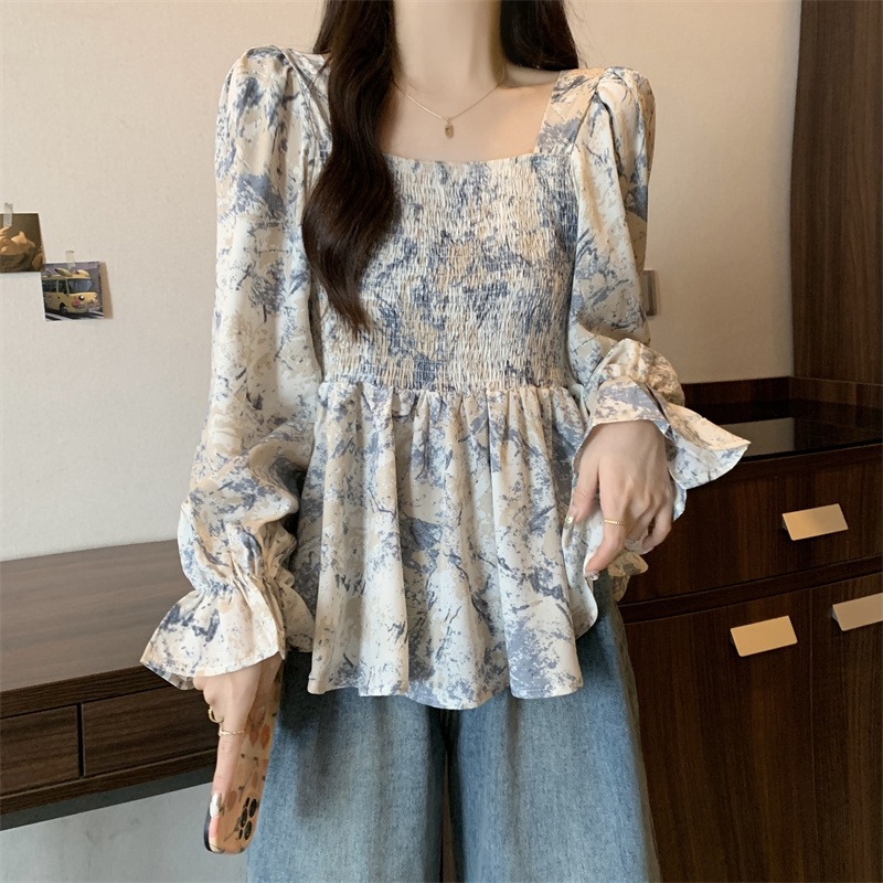 大码法式碎花雪纺衬衫女春季胖MM遮肚子方领印花衬衣减龄漂亮上衣