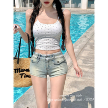 蕾丝拼接紧身牛仔超短裤女夏季美式辣妹包臀裤子低腰丰胯直筒热裤