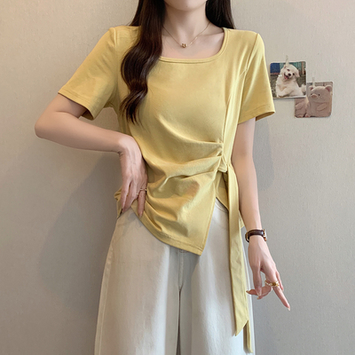 不规则开叉正肩短袖女t恤夏大码胖mm遮肚子显瘦绑带收腰别致上衣