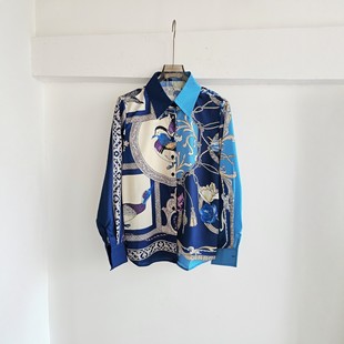 南法假日风撞色拼接定位印花长袖衬衫女翻领名媛气质法式名媛上衣